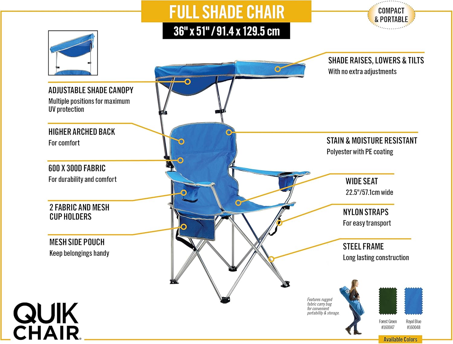 Quik Shade Full Size Shade Folding Chair for Camping, Polyester, Arm Rest|Foldable, Royal Blue, 2'L x 3'W x 4.3'H (160048DS) - Image 4