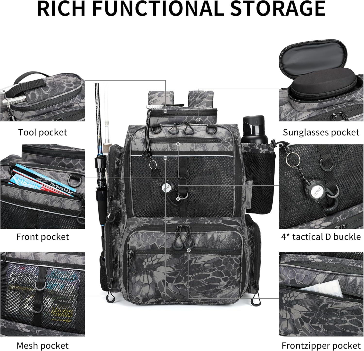 Rabjen Fishing Tackle Backpack with Rod Holders, Bottle Holder, Storage Bag Store Fishing Gear - Image 2