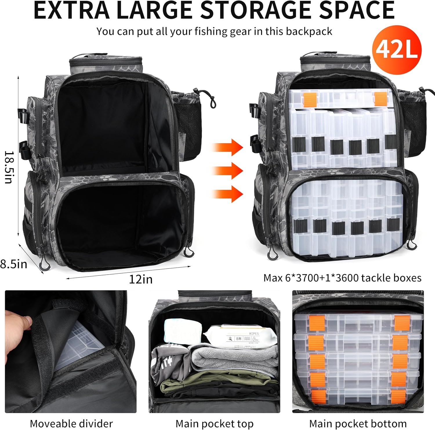 Rabjen Fishing Tackle Backpack with Rod Holders, Bottle Holder, Storage Bag Store Fishing Gear - Image 3