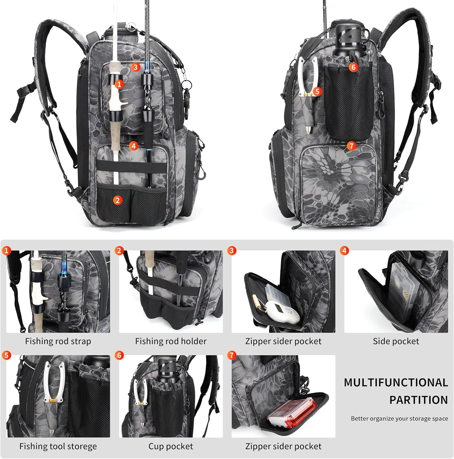 Rabjen Fishing Tackle Backpack with Rod Holders, Bottle Holder, Storage Bag Store Fishing Gear - Image 4